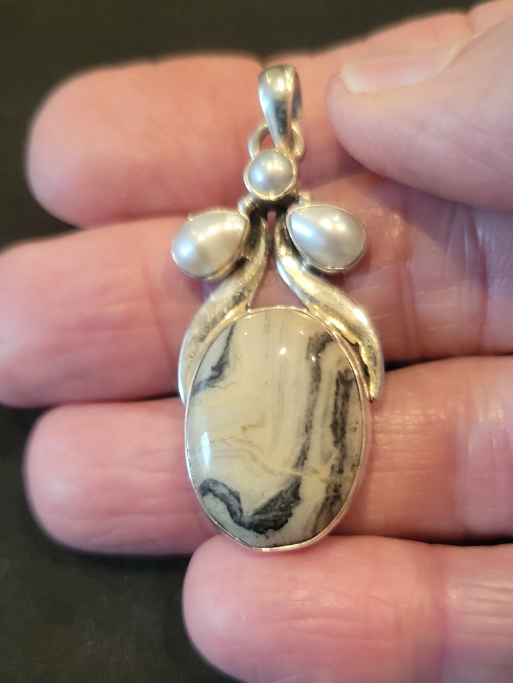 925 Sterling Silver Black & Cream  Maligano Jasper Stone w/ Pearls Pendant